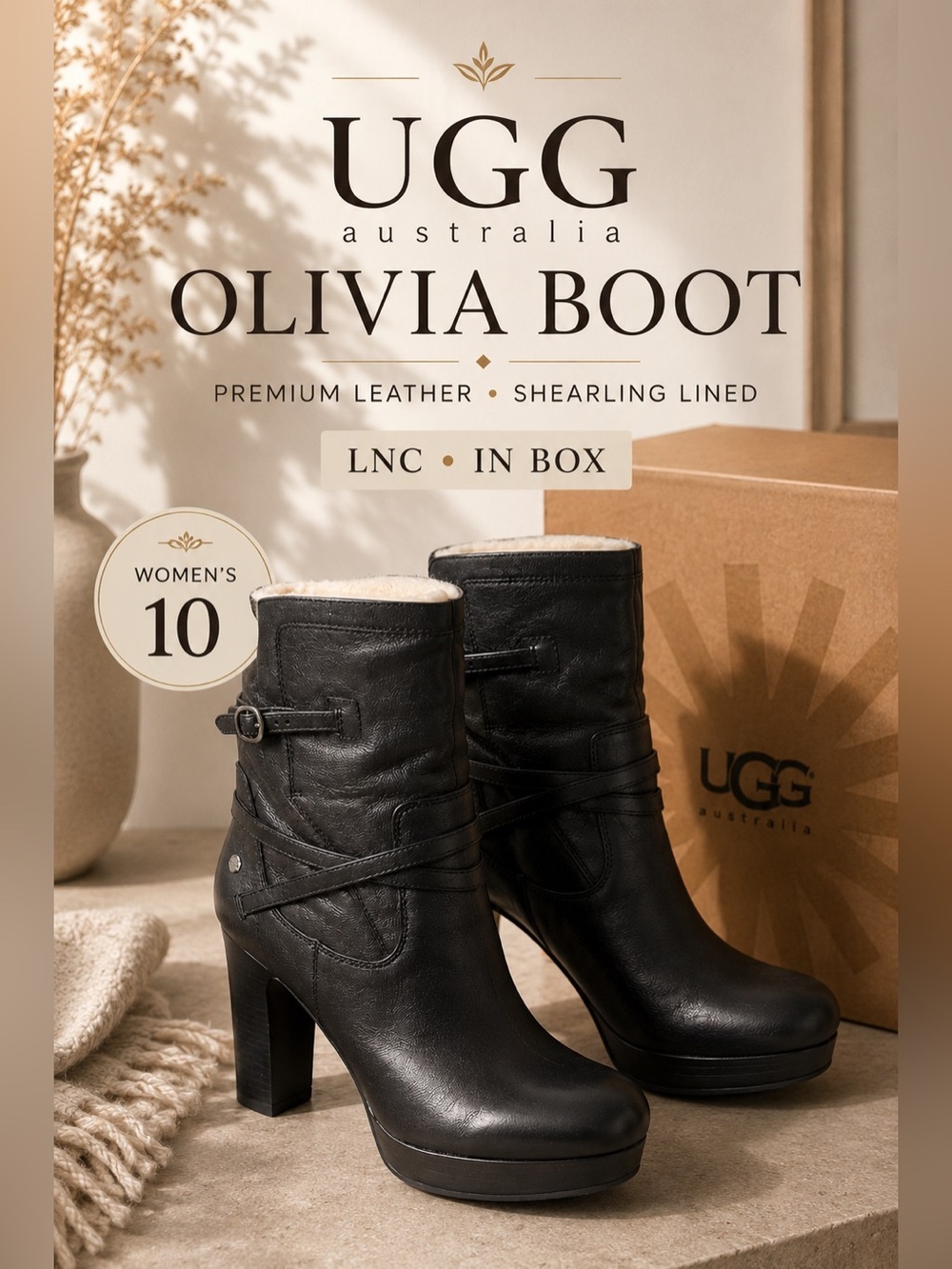 UGG Olivia Black Leather Heeled Shearling Ankle Boots Womens 10 LNC In Box